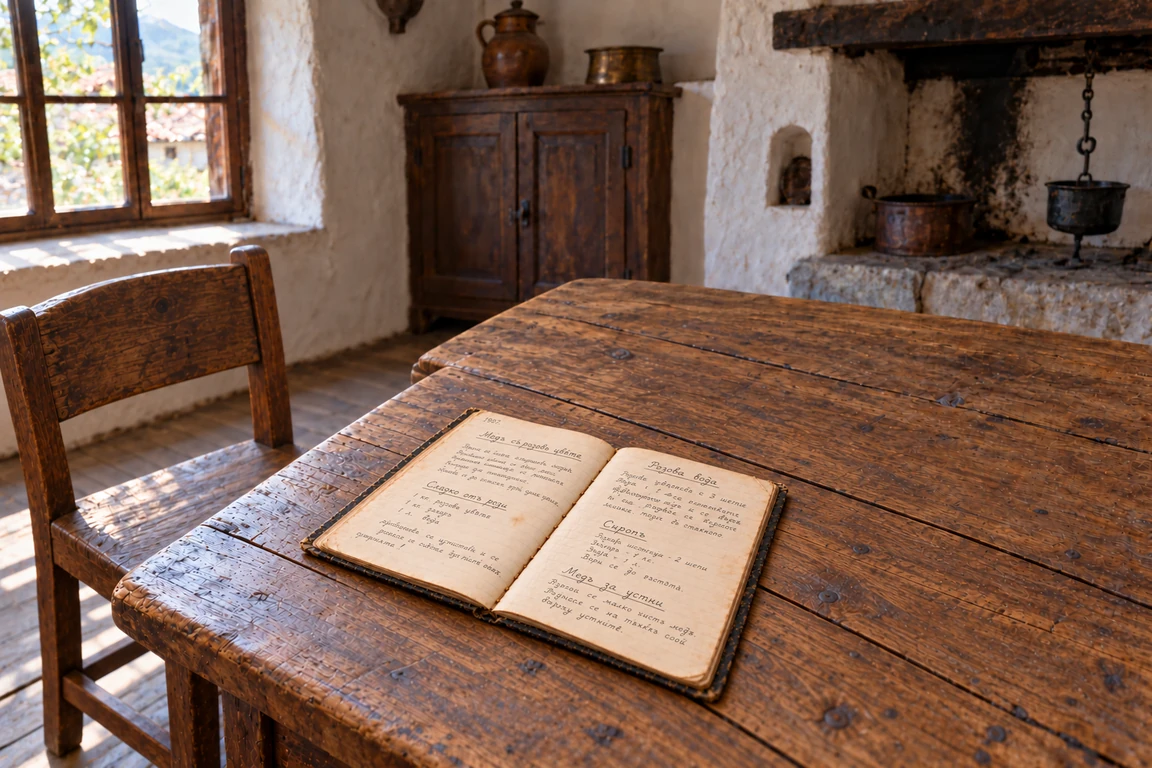 Open recipe book with handwritten recipes in an old kitchen