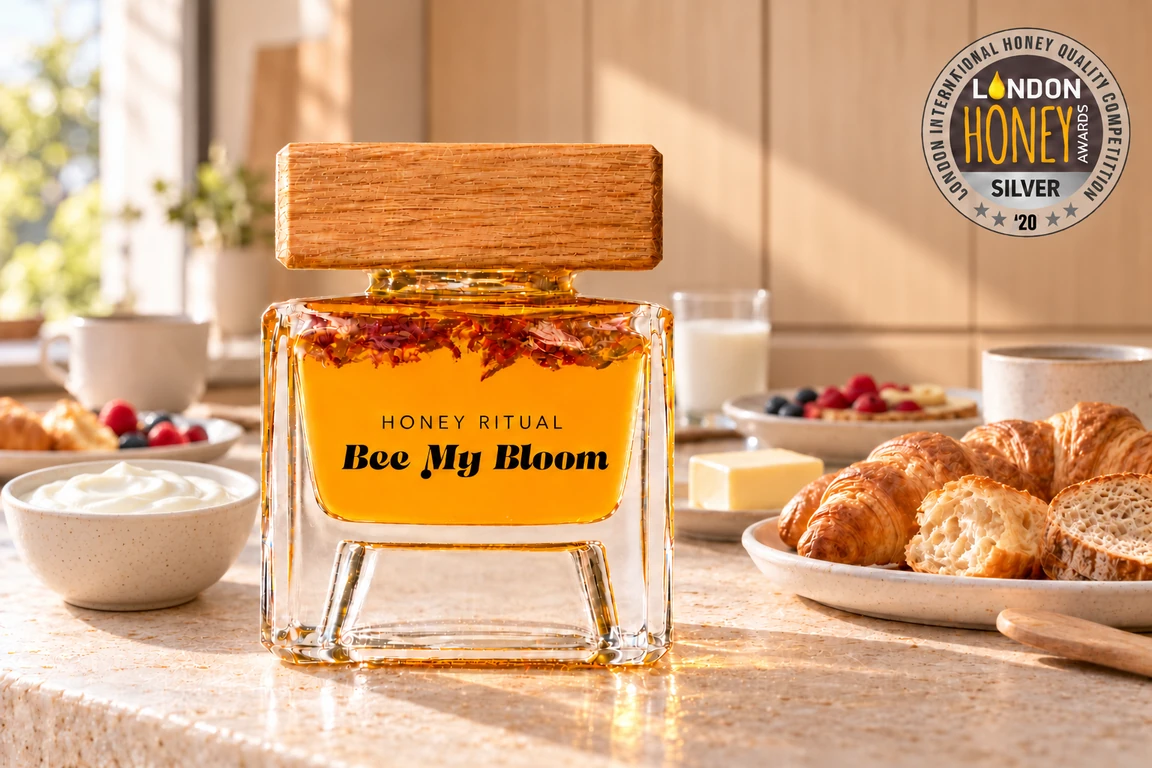Bee My Bloom with roses on a breakfast table and a silver award from the London International Honey Awards 2020